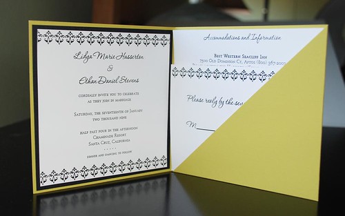 chartreuse pocketfold inside, Chartreuse wedding invitation pocketfold inside, wedding invitation, flowers, photos