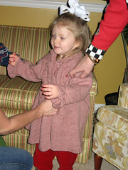 sarah in her sweater knitted by tammy