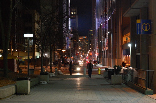 Ryerson walkway at night.