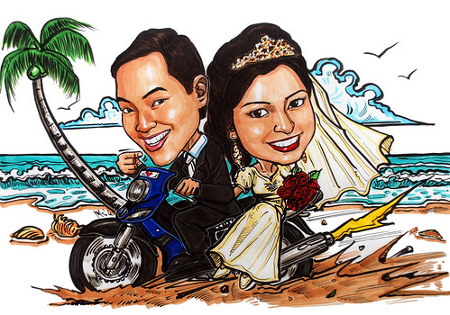 Malay couple caricatures weddiing on bike @ beach