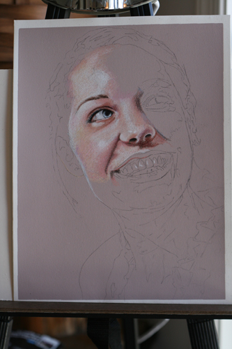 In progress photo of colored pencil drawing entitled Rachel.