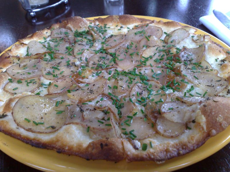 Potato, onion and white truffle oil pizza