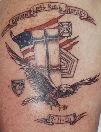 This tattoo shown is a memoir tattoo, remembering September 11, 2001.