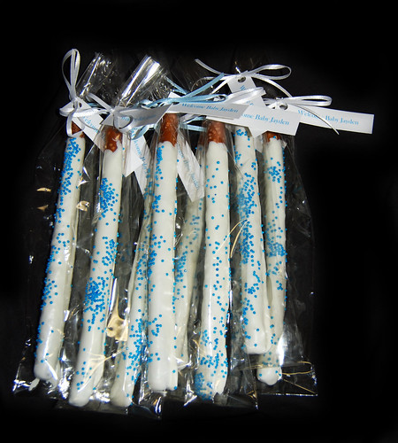 blue and white chocolate dipped pretzel baby shower favors