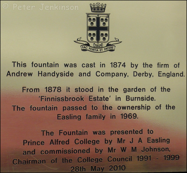 Commemorative plaque on restored Andrew Handyside Fountain at Prince Alfred College, Adelaide, Australia