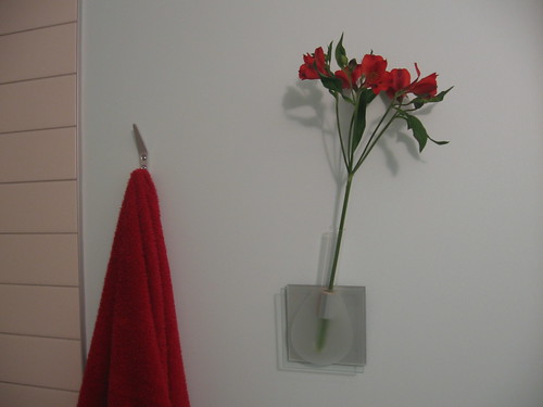 Red alstro flowers in the bathroom