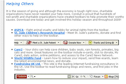 Conduit's December 2008 email newsletter featuring UK Fundraising's toolbar