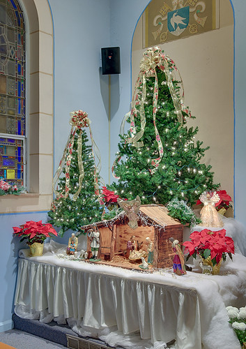 Saint John the Baptist Roman Catholic Church, in Villa Ridge (Gildehaus), Missouri, USA - Christmas tree and crèche