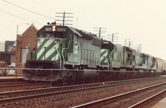 Westbound Burlington Northern freight train. La Grange Illinois. Febuary 1985.