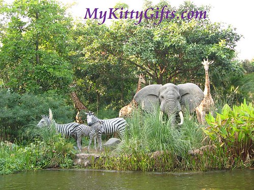 Hello Kitty Meeting Elephants, Giraffes and Zebras along Jungle River Cruise in Adventureland, Hong Kong Disneyland