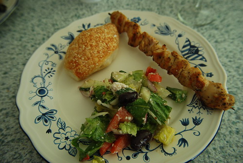Bread, Greek Salad, Chicken Souvlaki