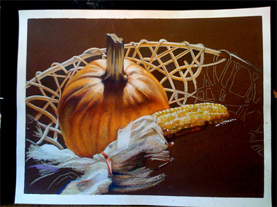 In progress scan of colored pencil drawing entitled Autumn Still Life