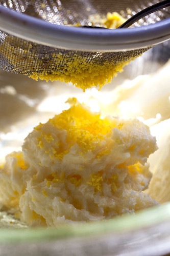 Egg yolk pushed through the sieve