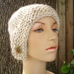 Chunky Cloche Hat in Wheat with Tawny Vintage Button