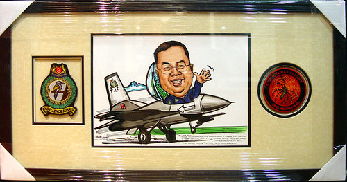Caricature Singapore Air Force framed with badges