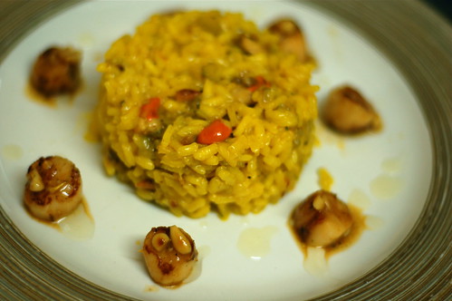 Saffron risotto with pan fried queenie scallops and orange and toasted pine nut butter