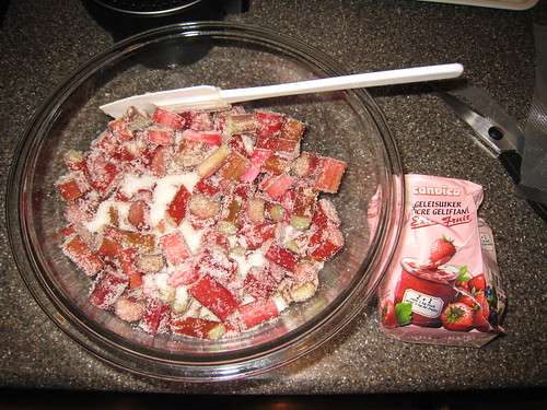 rhubarb jam, in progress