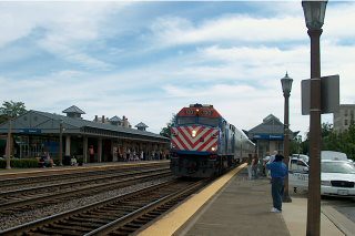 Westbound Metra commuter local arriving in Elmhurst Illinois. August 2006.