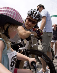 Roger and me: Lily gets some last minute instruction before last years CSC invitational kids race.
