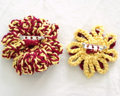 Crochet Flower and Vintage Button Gryffindor House Pride Brooches - Backs