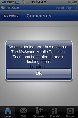 MySpace iPhone app error messge