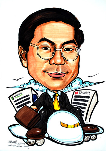 Caricature for Temasek Polytechnic on airplane with business case