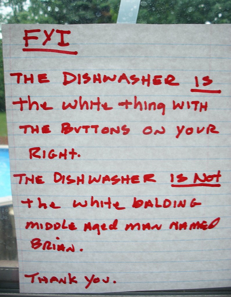 FYI The dishwasher IS the white thing with the buttons on your right. The dishwasher IS NOT the white balding middle aged man named Brian. Thank you.