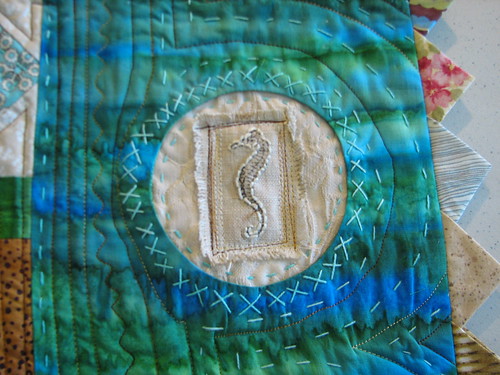 stamped sea horse on linen then embroidered