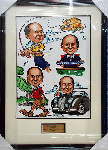 Caricature montage framed with metal inscription