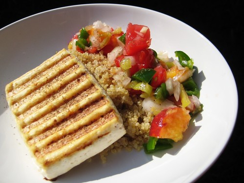 grilled tofu with quinoa and peach salsa