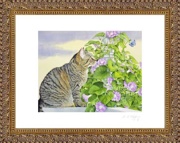"Henrietta and the Morning Glories" by A E Ruffing Tabby Cat Print