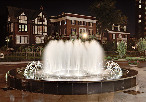 Central West End Neighborhood, in Saint Louis, Missouri, USA - Maryland Plaza fountain at night