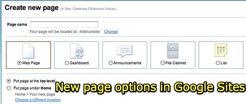 New page options in Google Sites