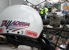 Official's helmet at the start/finish line.