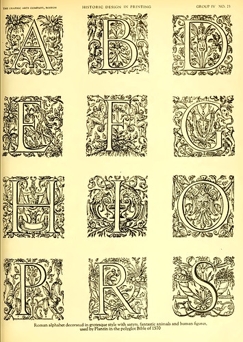 21- Alfabeto romanico con decoracion grotesca-satiros-animales fantasticos y figuras humanas usado por Plantin en la Biblia Poligrloa de 1570