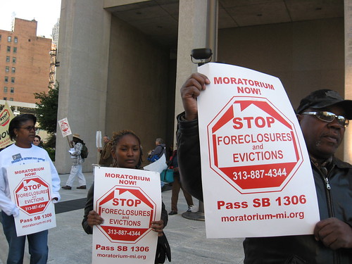 Moratorium Now! Coalition to Stop Foreclosures and Evictions held a demonstration outside the federal bldg. in downtown Detroit on Oct. 3, 2008. (Photo: Alan Pollock). by Pan-African News Wire File Photos