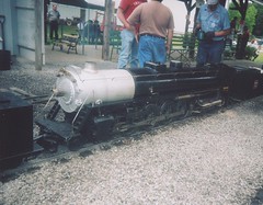 a large 4-8-4 mainline steam locomotive in 7 and 1/2 inch guage. The Hesston Steam Museum. Hesston Indiana. August 2005.