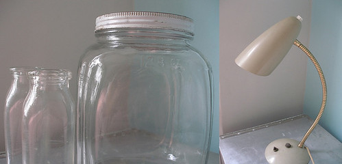 Milk bottles, cracker jar and lamp