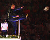 Football star David Beckham kicks a football during the Closing Ceremony for the Beijing 2008 Olympic Games at the National Stadium on August 24, 2008 in Beijing, China.