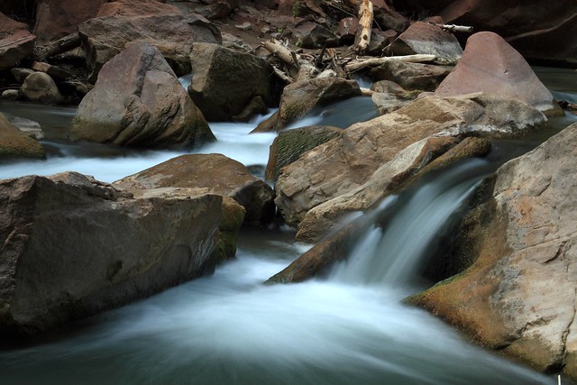 Long exposure shot of a small cascade on the Virgin River, Zion National Park