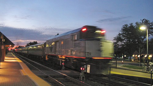 Northbound Amtrak Hiawatha train to Milwaukee Wisconsin departing Glenview station at twilight. Glenview Illinois. August 2008. by Eddie from Chicago