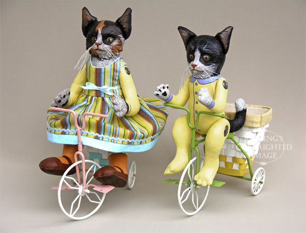 Fiona the Calico Kitten, Hedda, and Ziggy the Tuxedo Kitten, Original One-of-a-kind Folk Art Dolls by Elizabeth Ruffing and Max Bailey