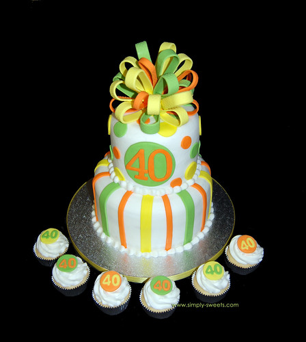 40th birthday yellow orange and lime green 2 tier birthday cake