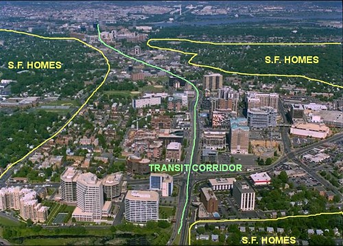 Arlington's Rosslyn-Ballston transit corridor and preserved single-family neighborhoods (underlying image courtesy Reconnecting America; text by me)