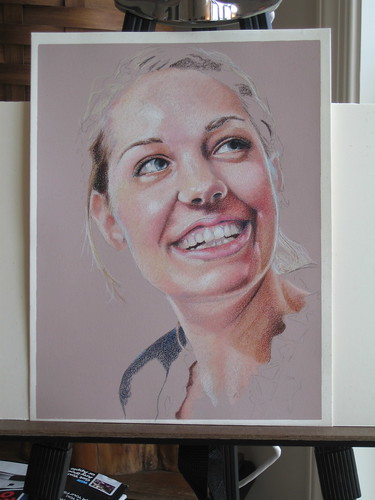 Photo of in progress colored pencil portrait entitled Rachel.