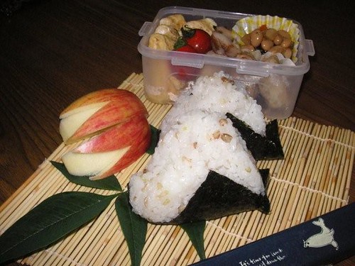 Onigiri lunch with pieces of apples