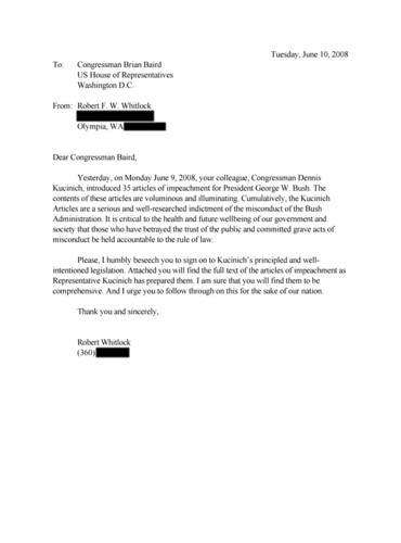Impeachment Letter to Congressman Brian Baird