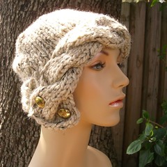 Chunky Cabled Cloche Hat in Oatmeal with Vintage Buttons