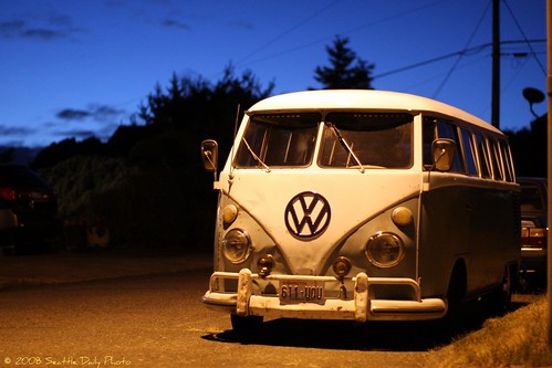 I saw this vintage 1967 VW bus illuminated by streetlight after 10 PM on 