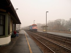 Westbound Metra express commuter train on a foggy morning. River Forest Illinois. November 2006.